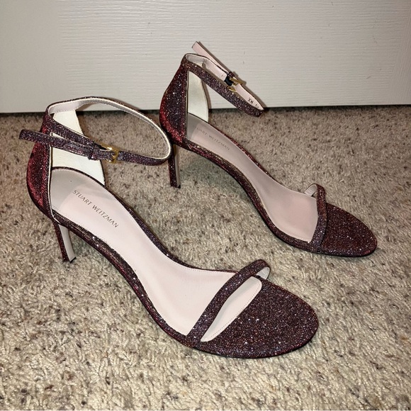 STUART WEITZMAN Heels SANDALS Glitter CRYSTAL Wine NUDIST - Sz 10 M Spain NEW! - Picture 6 of 16